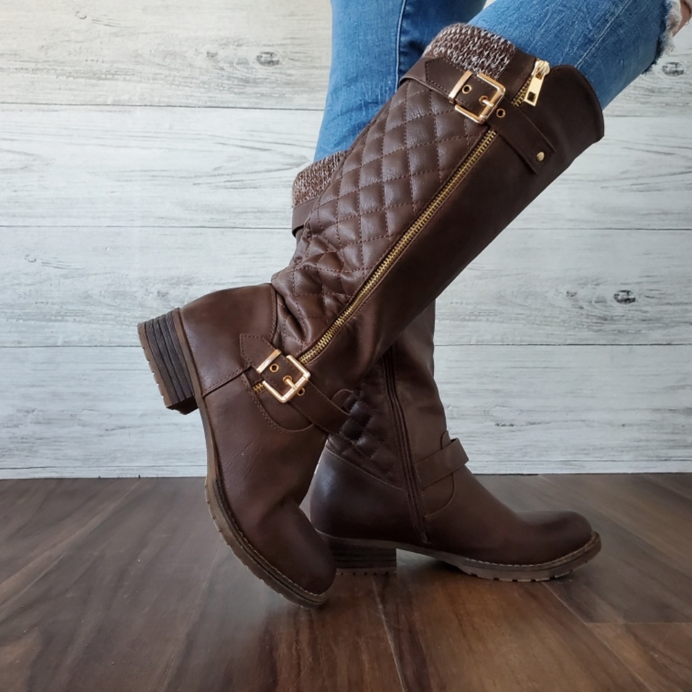 Brown/Gold-Knee High Boots